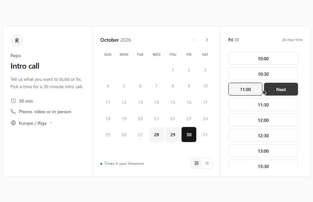 Booking Calendar, running at book.repo.lv